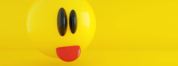 émoticône montrant la langue sur fond jaune, rendu 3d, image panoramique - Photo, image