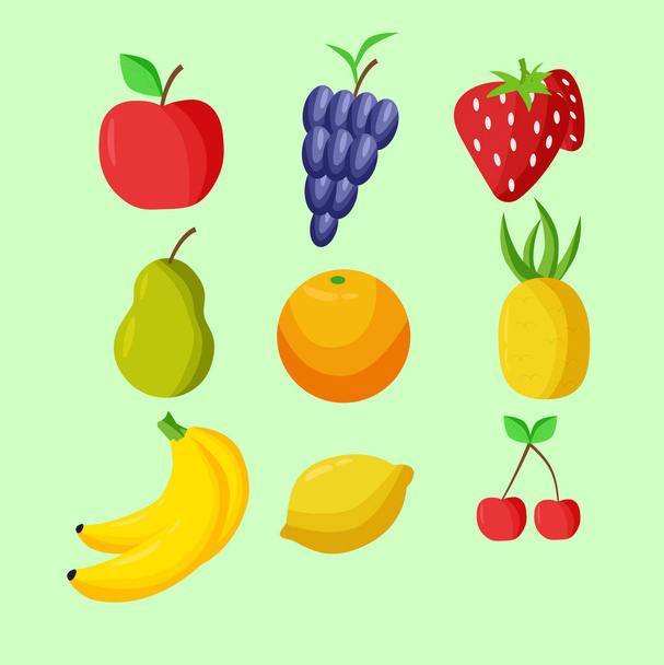 Owoce gotowe. Owoce na koktajle. Owoce na sok. Owoce zdrowej żywności. Zdrowy styl życia. Ikony dla strony. Sztandar. Rysuję dla sklepu. Jabłko, gruszka, banan, wiśnia, ananas, winogrona, truskawka, cytryna, pomarańcza - Wektor, obraz