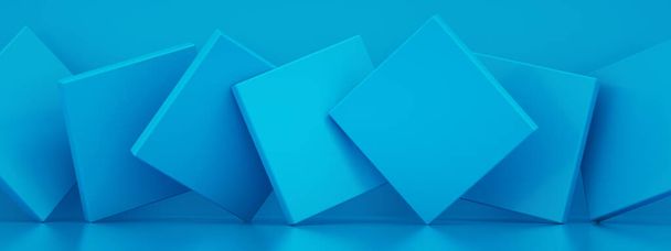 Abstracte achtergrond met blauw papier geometrische vormen, 3d rendering, panoramisch beeld - Foto, afbeelding