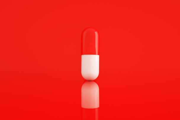 3d tehdä yksi punainen ja valkoinen pilleri yli punainen tausta, apteekki käsite - Valokuva, kuva