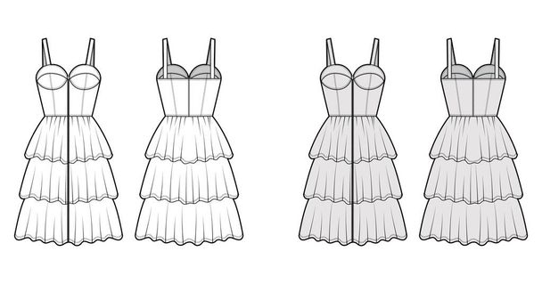Zip-up bustier dress technical fashion illustration with sleeveless, fitted body, 3 row knee length ruffle tiered skirt - Vector, Image