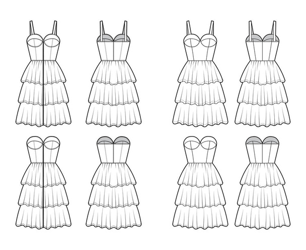 Set of dresses Zip-up bustier technical fashion illustration with sleeveless, strapless, fitted body, knee length ruffle - Vector, Image