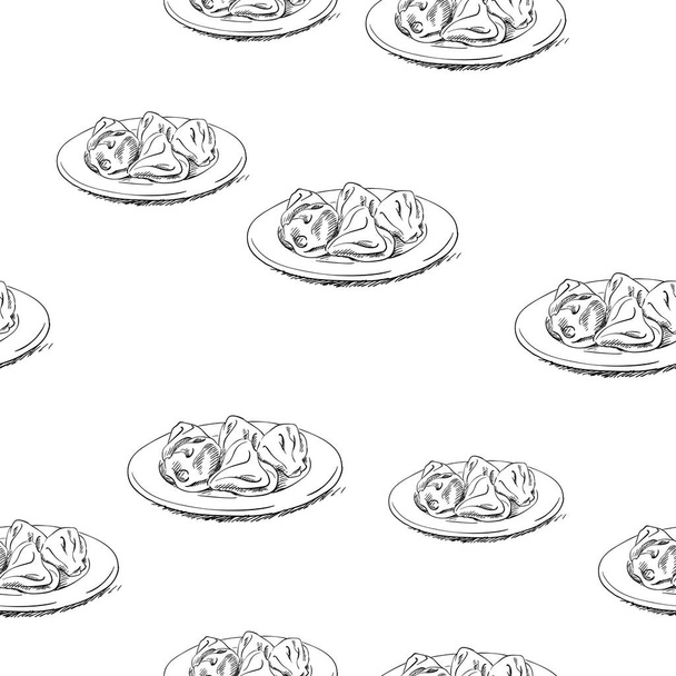 Nahtloses Vektormuster mit handgezeichneten georgischen Khinkali-Knödel auf Teller, schwarze Skizze auf weißem Hintergrund - Vektor, Bild