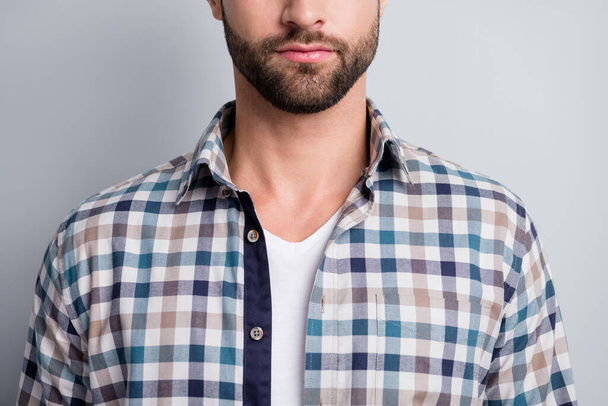 Cropped photo portrait of bearded man wearing checkered shirt isolated on grey color background - Fotó, kép