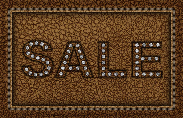 Vector brown leather frame with stitches and sale sign with silver sequins. - Vector, Image