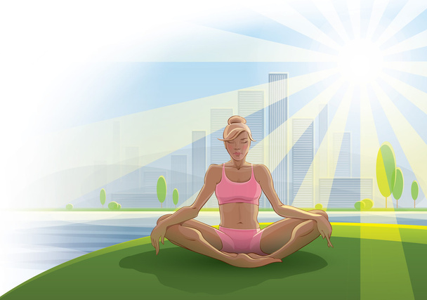 Woman practices yoga outdoors - Vector, Image