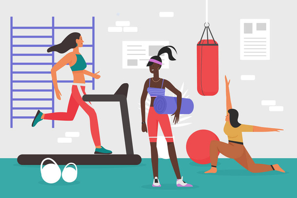 Άτομα που κάνουν αθλητική προπόνηση στο γυμναστήριο, νέα σπορ γυναίκα σώμα κατάρτισης στο διάδρομο - Διάνυσμα, εικόνα
