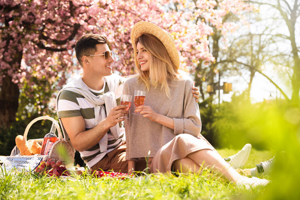 Szczęśliwa para ma piknik w parku w słoneczny dzień - Zdjęcie, obraz