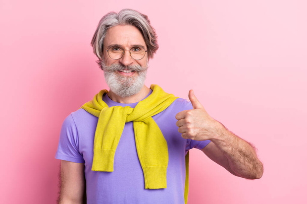 Portrait of attractive cheerful gray-haired man showing thumbup decision trust isolated on pink pastel color background - Photo, image