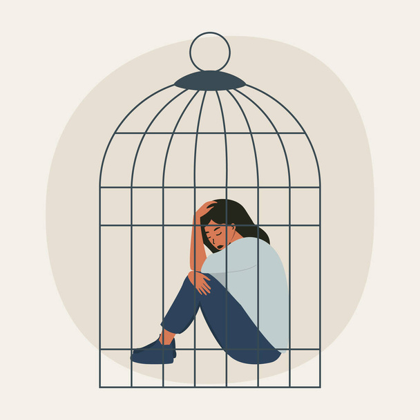 Illustrazione vettoriale piatta di una donna triste seduta in una gabbia. Il concetto di limiti delle donne nella società, violenza domestica, depressione e disperazione, razzismo e sessismo. - Vettoriali, immagini