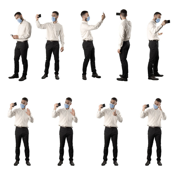 Collection of business man using phone recording videos and taking selfies waving hand. Set of full body isolated on white background. - Photo, Image