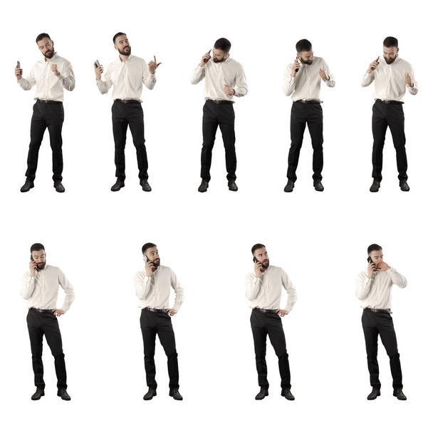 Collection of business man listening music and dancing then talking on the cell phone. Set of full body isolated on white background. - Photo, Image