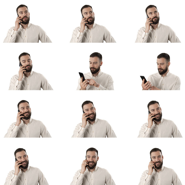 Set of confident happy business man using and talking on the phone laughing. Portraits isolated on white background. - Photo, Image