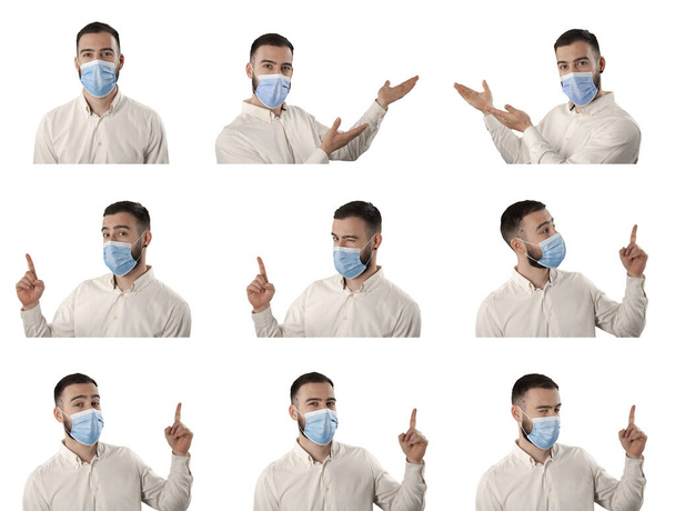 Set di uomo d'affari con maschera chirurgica che presenta e mostra il dito che punta. Ritratti isolati su sfondo bianco. - Foto, immagini