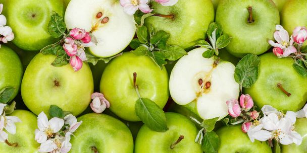 Apples fruits green apple fruit banner background with leaves and blossoms food - Fotografie, Obrázek