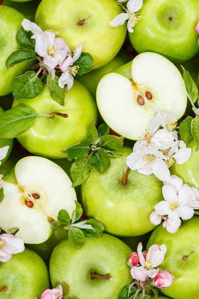Apples fruits green apple fruit portrait format background with leaves and blossoms food - Valokuva, kuva
