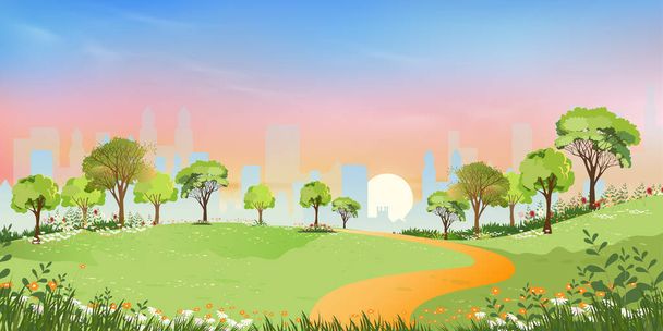 Spring landscape at city park in the morning, Natural public park with flowers blooming in the garden, Peaceful scene of green fields with blurry cityscape building, cloudy and sun on summer - Vector, Image