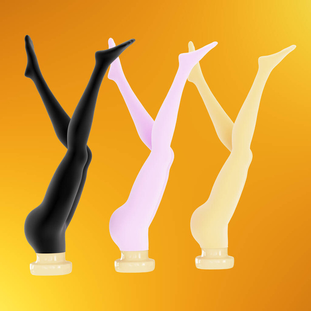 Plastic legs of female mannequins in colored tights stand upside down against an orange gradient background. 3d rendering - Photo, Image