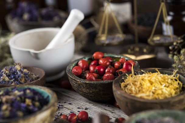 Εναλλακτική υγεία, φρέσκα βότανα και κονίαμα σε ξύλινο φόντο - Φωτογραφία, εικόνα