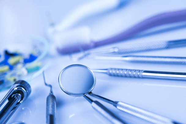 Set of metal medical equipment tools for teeth dental - Photo, image