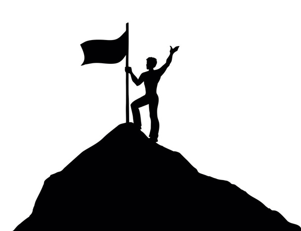 Young active male guy worker figure first go rise up arm hold glory triumph hope outline black hand drawn human mount mission purpose finish way logo art doodle cartoon line view white sky space styl - Vector, Image