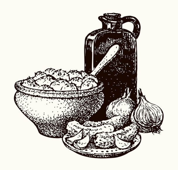 Antique αγροτικό φλιτζάνι ζεστό άρωμα σπίτι μαγειρεμένο πολιτισμό παλιά μαγειρεύουν πήλινο αντικείμενο βάζο κρασιού. Γραμμή μαύρο μελάνι χέρι που αλμυρό πικάντικο σνακ δοχείο κανάτα σημάδι εικονίδιο αρχαία τέχνη doodle χαράξει στυλ λευκό κείμενο χώρο φόντο - Διάνυσμα, εικόνα