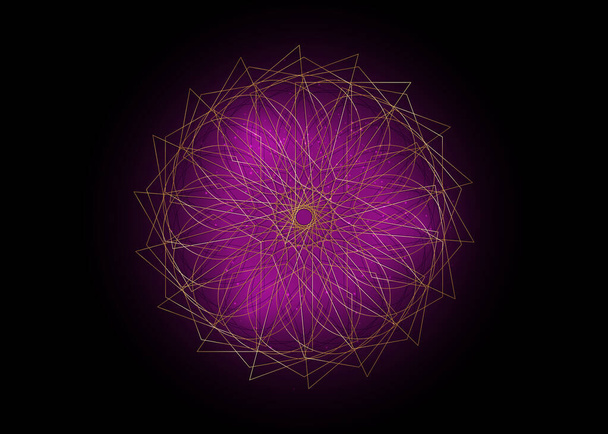 Геометрия священного цветка. Туманная геометрическая фигура алхиэзотерической формы золотистого цветка. Векторный божественный медитативный амулет, выделенный на фиолетовом и черном фоне - Вектор,изображение