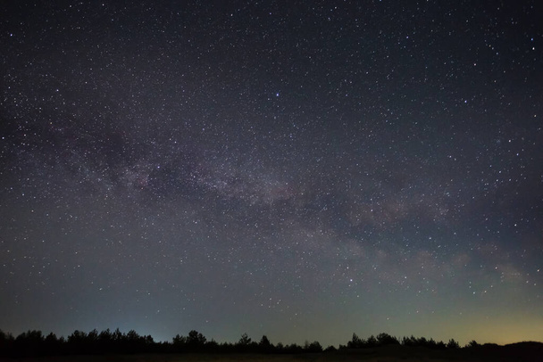 night starry sky with milky way above prairie silhouette - Photo, Image