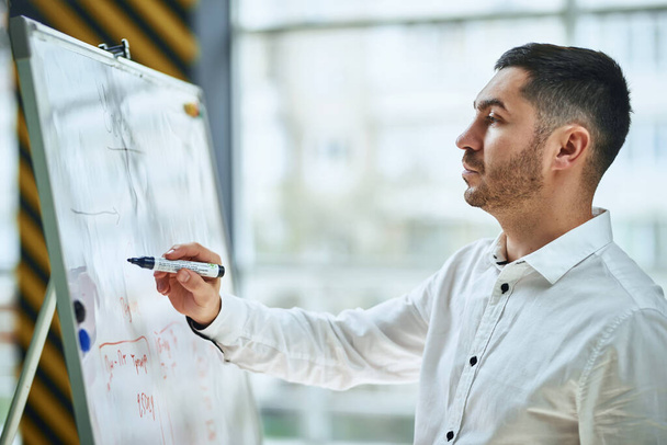 a businessman and company manager in a white shirt writes a marker on a flipchart. plans and is ready to train staff, conduct lectures and online training. - Photo, Image