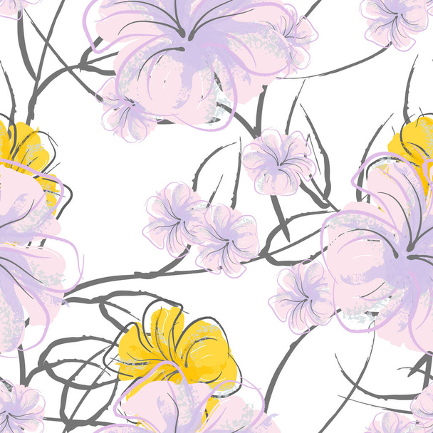 Pink Flowers Blooming Pattern. Pastel Watercolor Floral Print. Little Pink, Yellow, Lilac flower on grey leaf. Elegant brush Background. Seamless Botanical Vector Surface. Texture For Fashion Prints. - Вектор,изображение