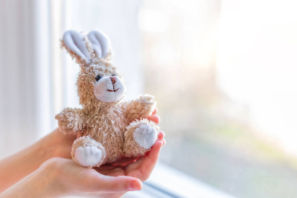 soft toy little bunny in childrens hands on an empty windowsill - Zdjęcie, obraz