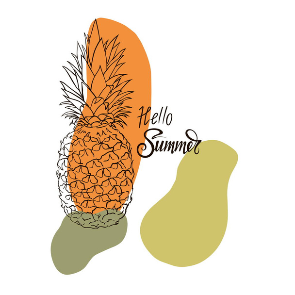 Image of pineapple fruit and lettering exotic on white background with watercolor stains. Print t-shirt, graphic element for your design. Vector illustration. - Vettoriali, immagini