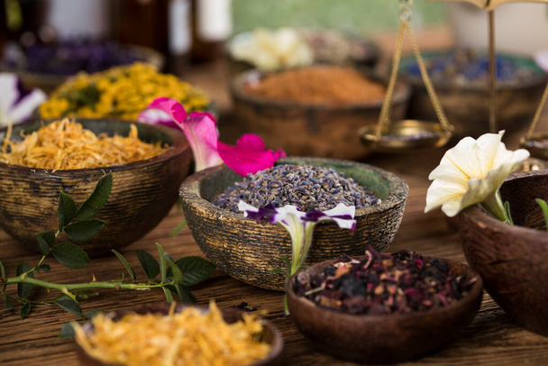 Herbs medicine and vintage wooden background - Фото, зображення