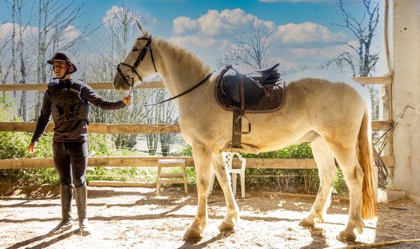 jinete montando un caballo por las riendas en la sala de equitación - Foto, imagen