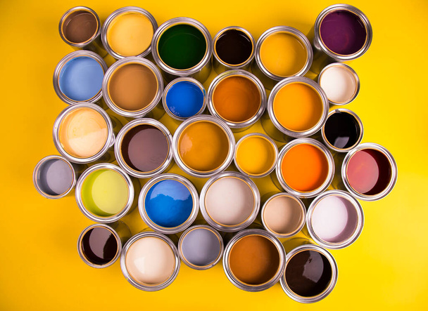 Open buckets with a paint, colors background - Photo, Image