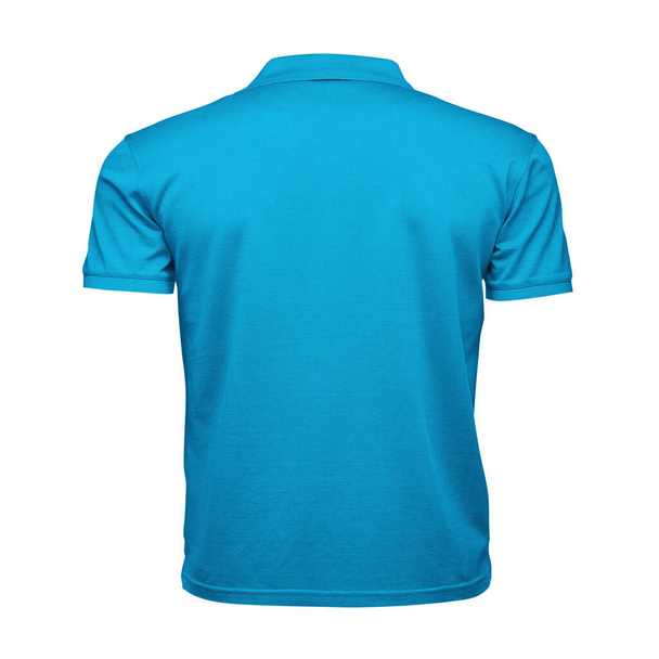Plaats gewoon een foto op deze Terug Bekijk Fancy Men 's Collar T Shirt Mockup In Blue Atoll Color, en uw producten zullen klaar zijn om te worden geadverteerd. - Foto, afbeelding