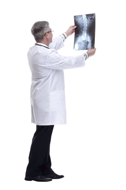 smiling doctor looking at the patients x-ray . isolated on a white background - Foto, imagen