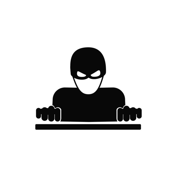 Czarna ikona wektora hakera. Symbol cyberprzestępczości. Hakowanie haseł i kradzież tożsamości, błędy oprogramowania, wirusy i spam. Koncepcja phishingu, oszustwa online i ochrony sieci - Wektor, obraz