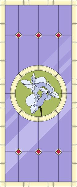 Витражная панель в прямоугольной раме. Классическое окно, с орхидеей, абстрактная цветочная композиция почек и листьев в технике тиффани. Граница оконной рамы, геометрический узор. Вектор - Вектор,изображение