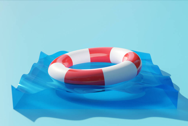 3d ilustración de una boya salvavidas blanca y roja flota en el agua clara. Boya salvavidas en el agua. Salvando vidas. Fondo de verano - Foto, imagen