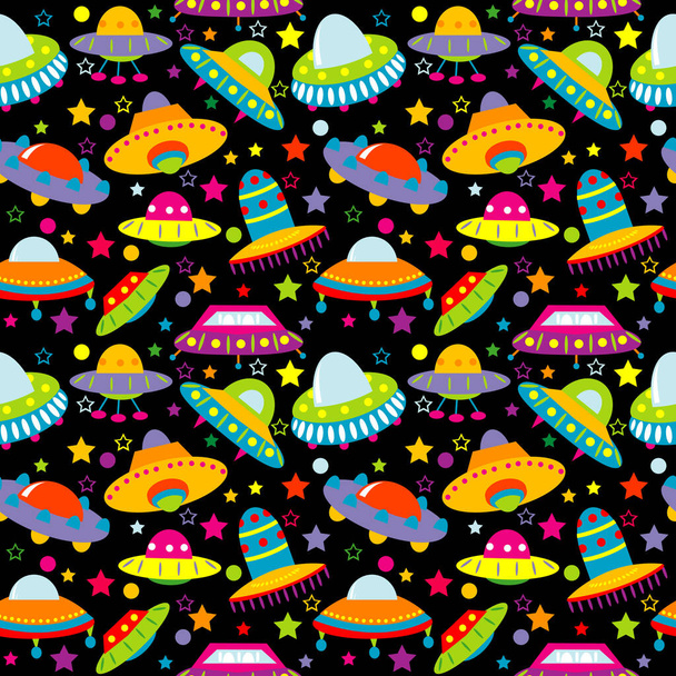 Colorful background of UFO cartoon seamless pattern - Vetor, Imagem