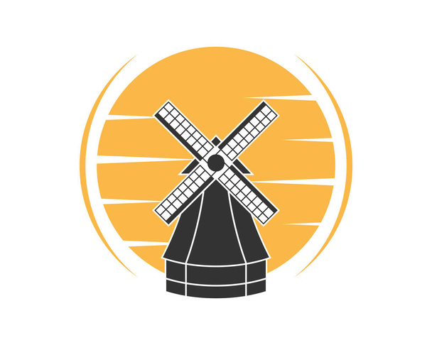 Windmill farm with sunset scenery behind - Vector, Image