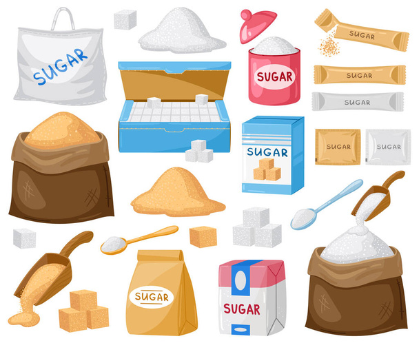 Zucchero dei cartoni. Zucchero a cubetti, zucchero semolato e cristallino, zucchero in sacchetti di tela e confezioni di cartone set illustrazione vettoriale. Sugar simboli dei cartoni animati - Vettoriali, immagini