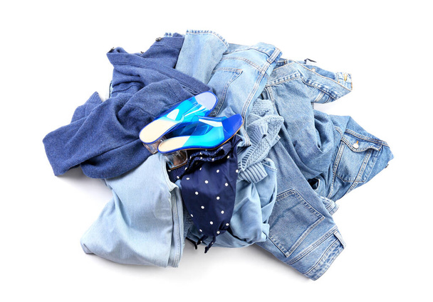 Heap of different clothes on white background - Photo, Image