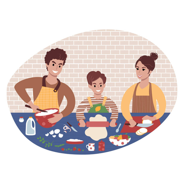 Gelukkige familie die samen eten kookt. Platte stijl illustratie. - Vector, afbeelding