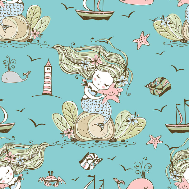 Seamless pattern with cute mermaid and sea creatures. Vector. - Vector, Image