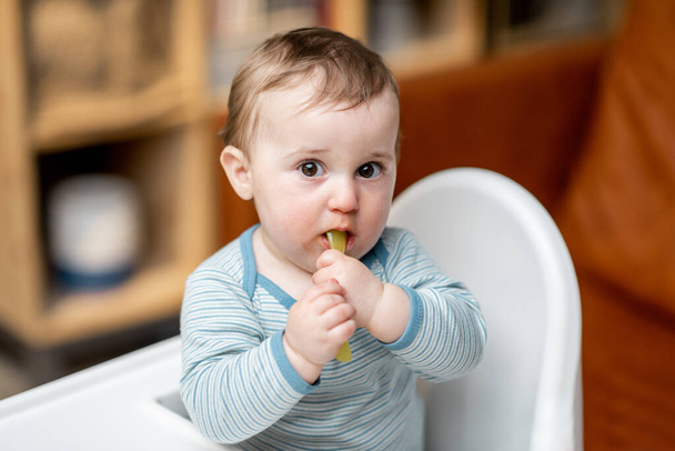A portrait of one year baby boy with a spoon - Foto, imagen