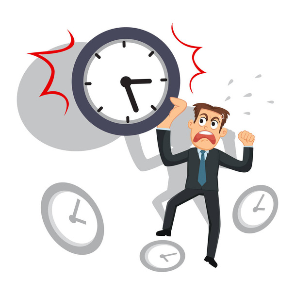 Angry businessman screaming holding clock - Vector, Image