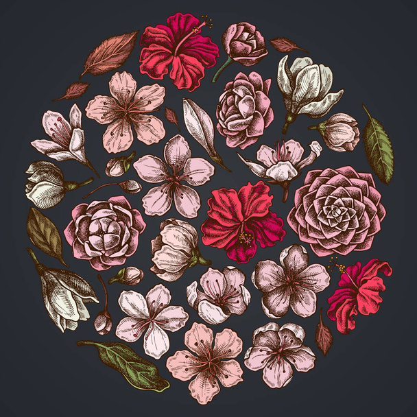 Round floral design on dark background with hibiscus, plum flowers, peach flowers, sakura flowers, magnolia flowers, camellia japonica - ベクター画像