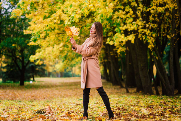 Gyönyörű nő töltenek időt a parkban az őszi szezonban - Fotó, kép